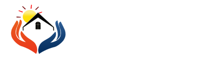 White Logo of Contents by Save The Day featuring a stylized house embraced by caring hands.