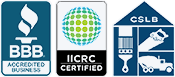 Logos of BBB, CSLB, and IICRC, indicating accreditation and certification.