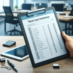 LA & OC Content Pack-Out, Hand holding a clipboard with a 'Total Loss Inventory' checklist in a modern office.