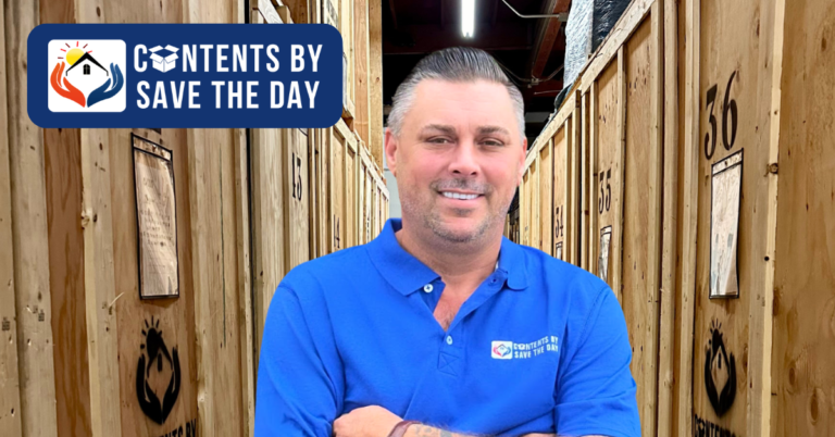 Owner of Contents by Save The Day standing in front of storage pods with company logo